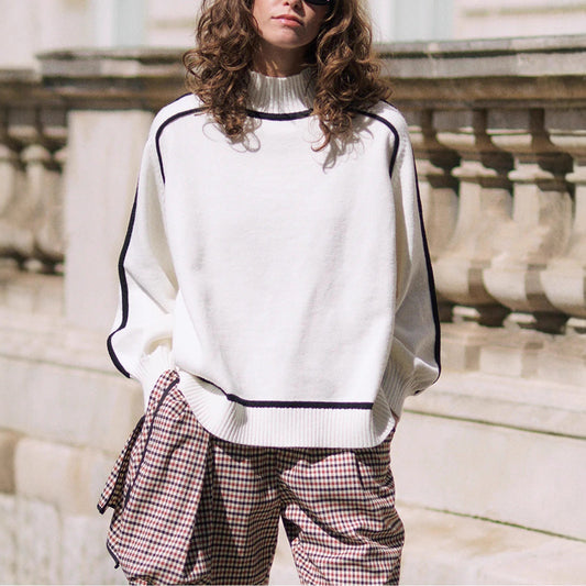 Women's Mock Neck Contrast Trim Oversized Sweater