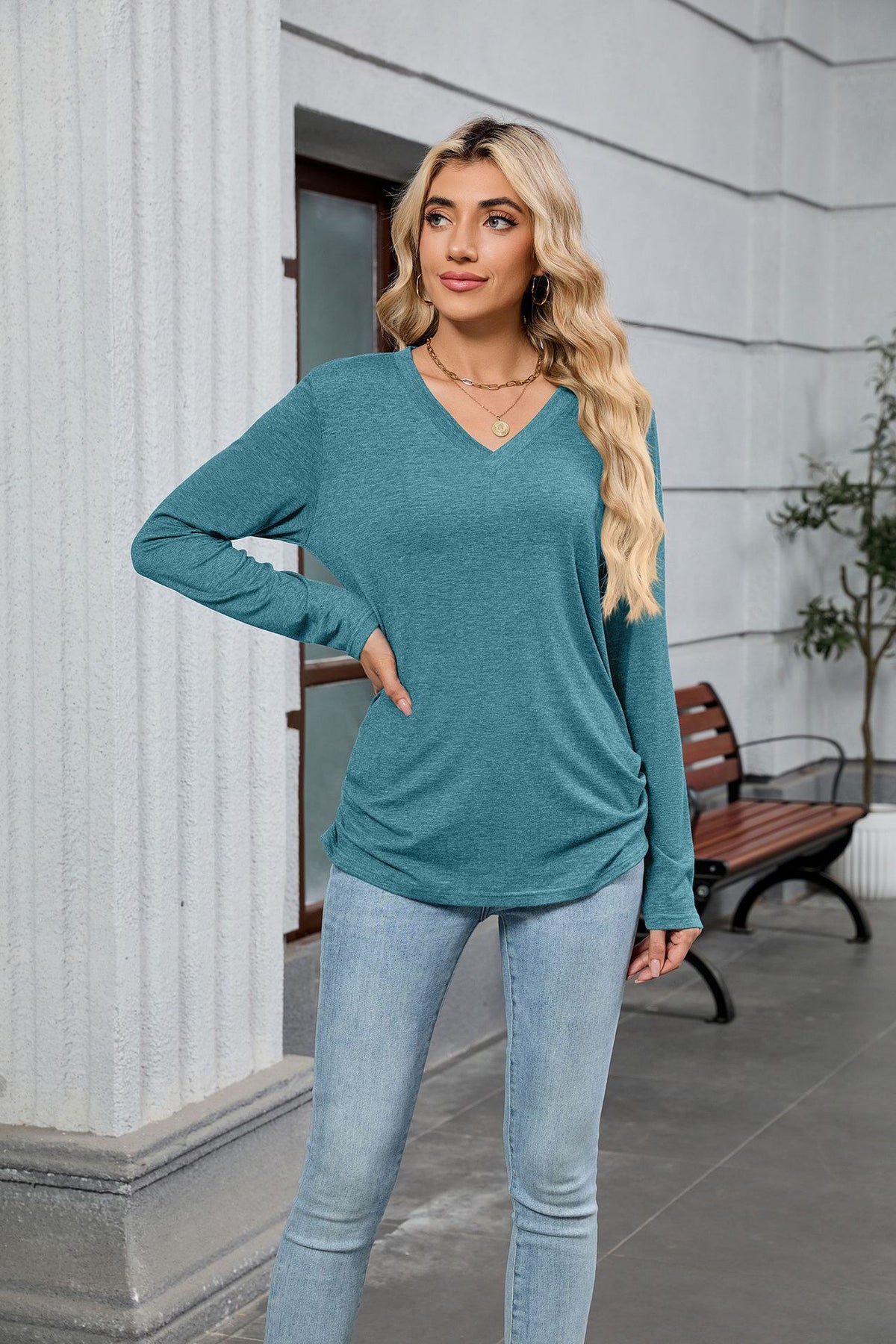 Women's V-Neck Long Sleeve Oversized Tunic Top Shirred