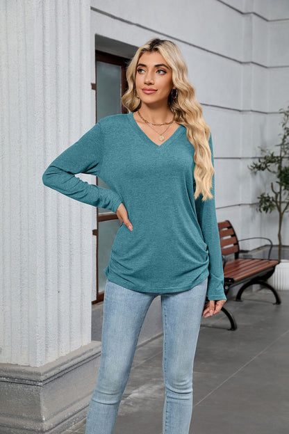 Women's V-Neck Long Sleeve Oversized Tunic Top Shirred