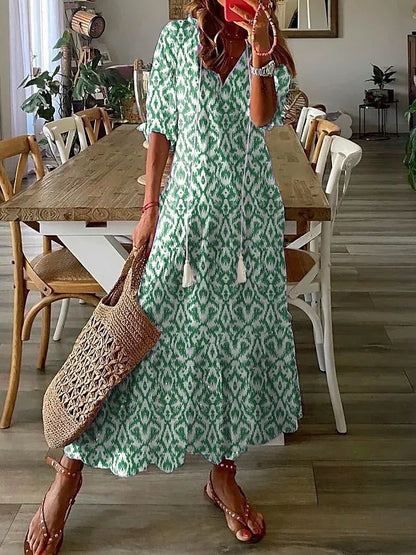 Women's Boho Floral V-Neck Tassel Maxi Dress Flowy