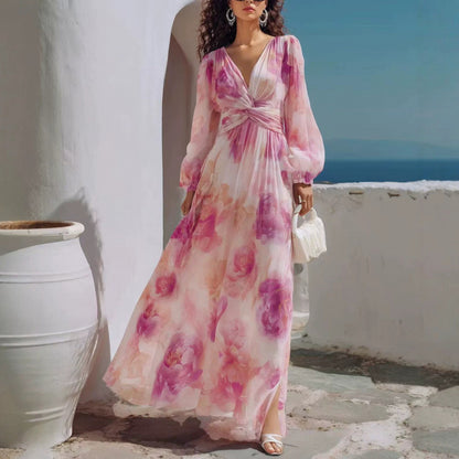 Pink Floral V-Neck Lantern Sleeve Maxi Dress