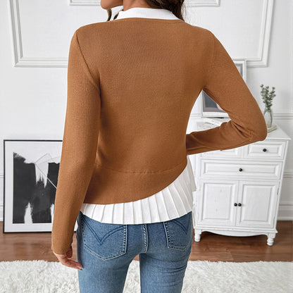 Color Block Mock Neck Knit Sweater with Button Detail