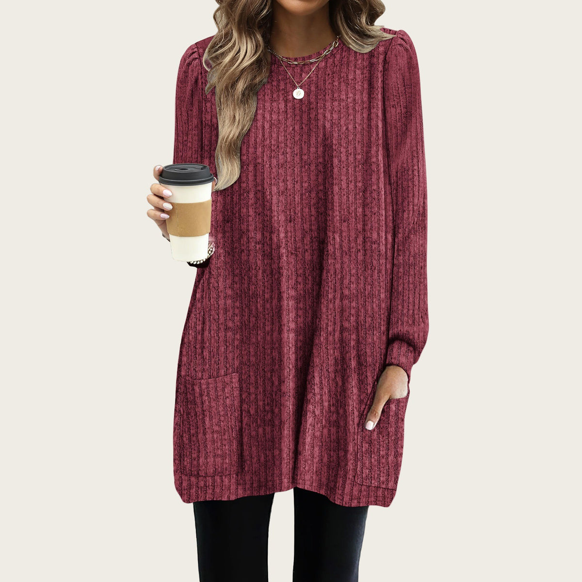 Women's Oversized Long Bubble Sleeve Tunic Top with Pockets