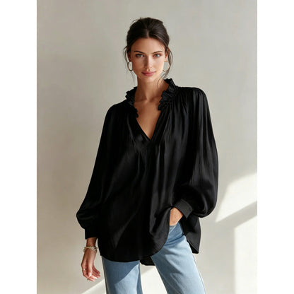Solid Crinkle Blouse Ruffle V Neck Long Sleeve Top