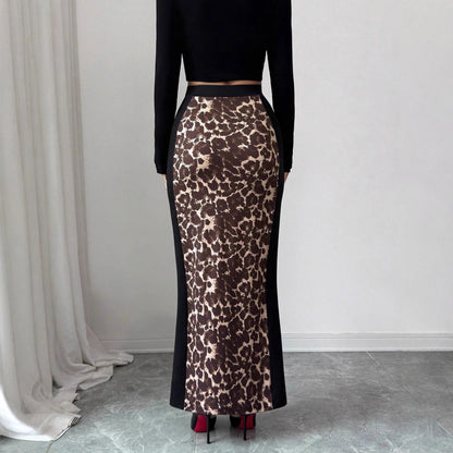 Leopard Print Colorblock Maxi Skirt High Waist Slit Skirt