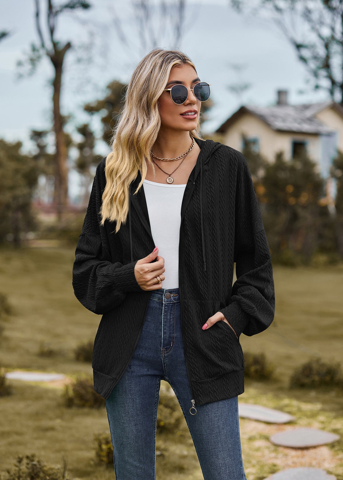 Oversized Textured Zip-Up Hoodie Jacket Pockets