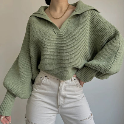 Oversized Collared V-Neck Knit Sweater Pullover