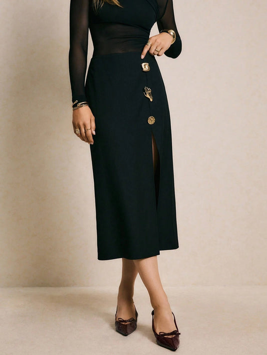 High Waist Slit Pencil Skirt with Gold Button Detail