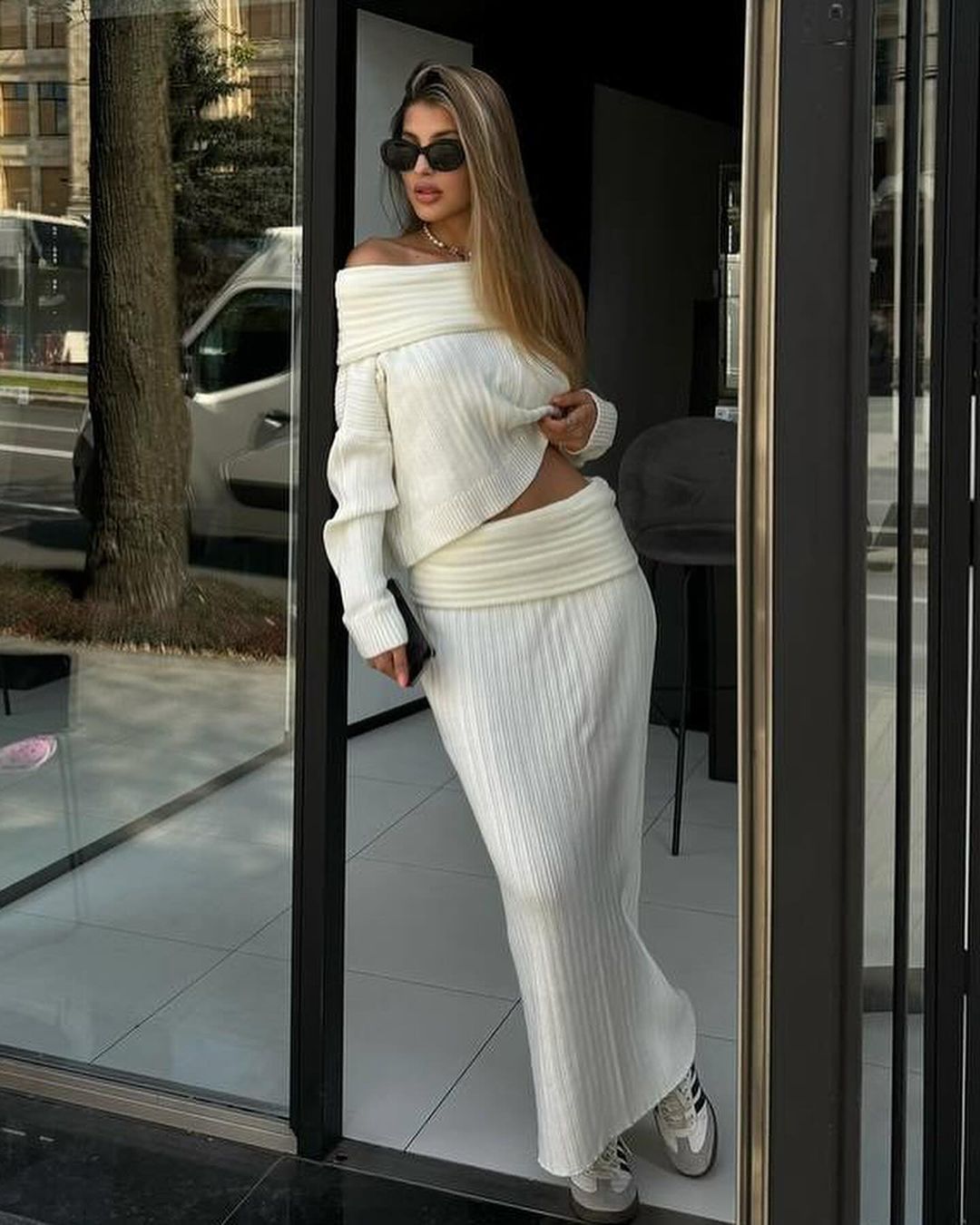 Off Shoulder Knit Sweater & Maxi Skirt Two Piece Set