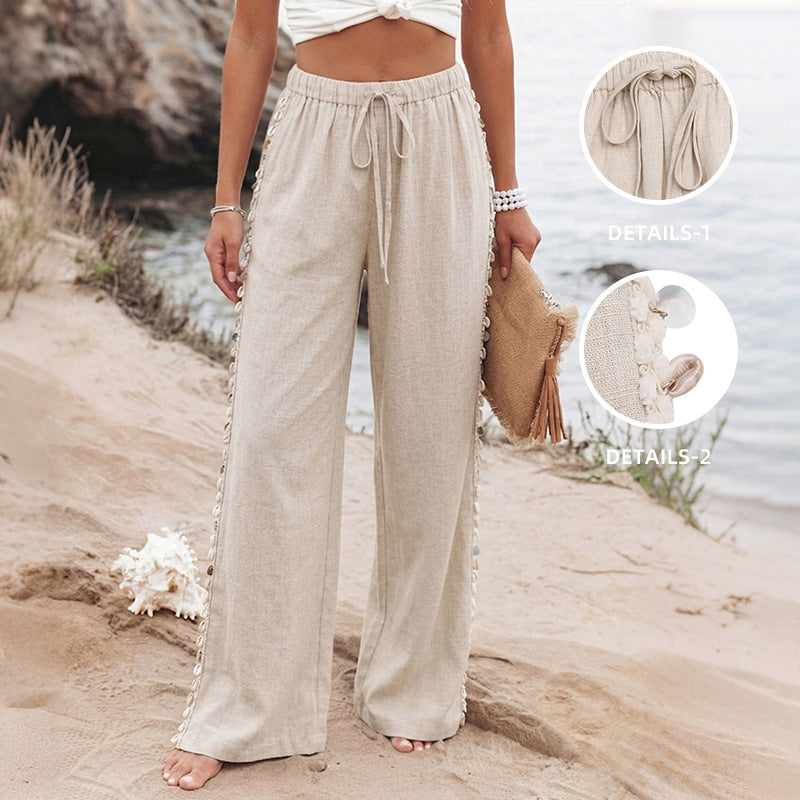 Boho Beach Wide Leg Pants Shell Trim Drawstring