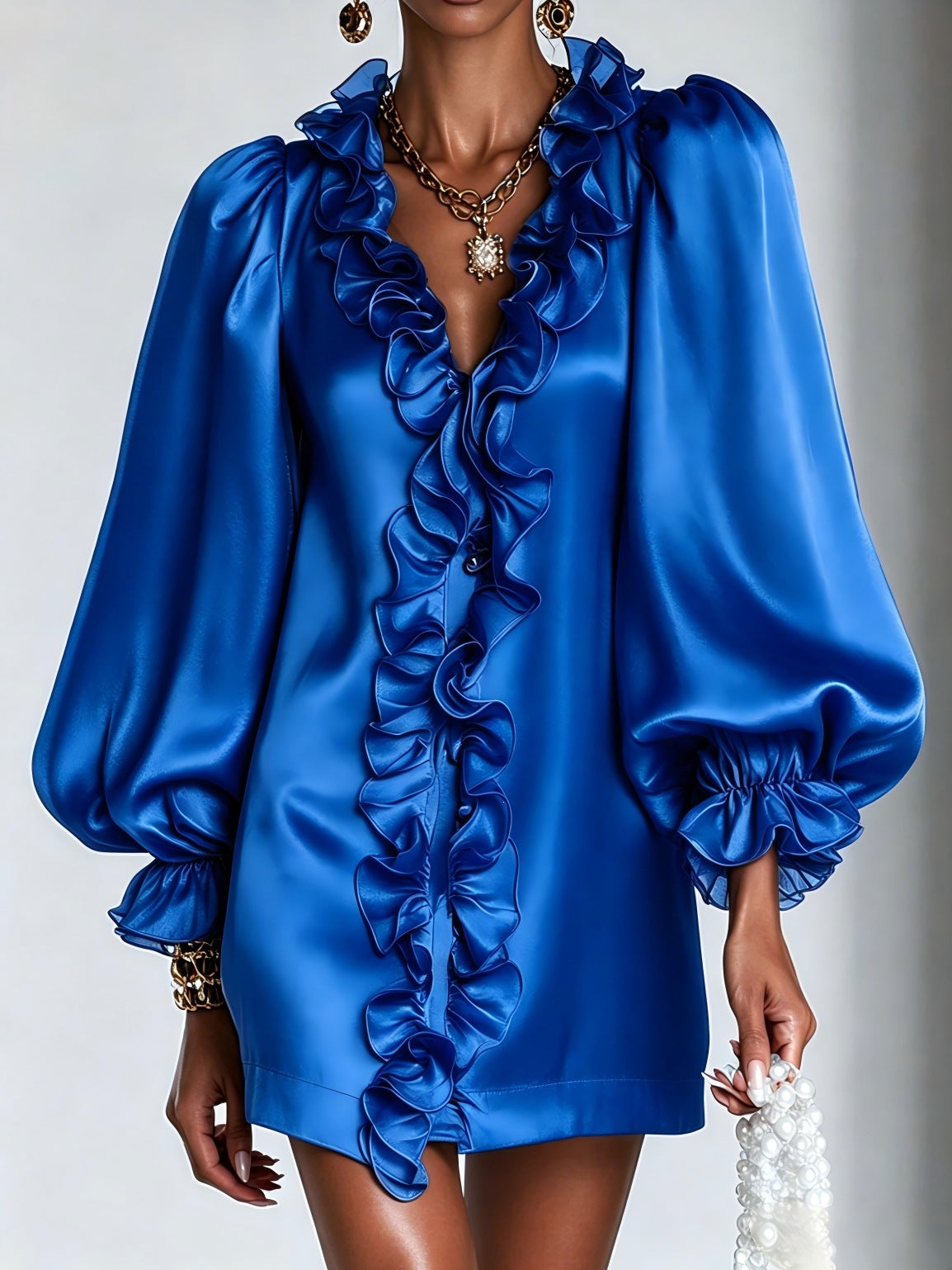Women's Puff Sleeve Ruffle Deep V-Neck Mini Dress