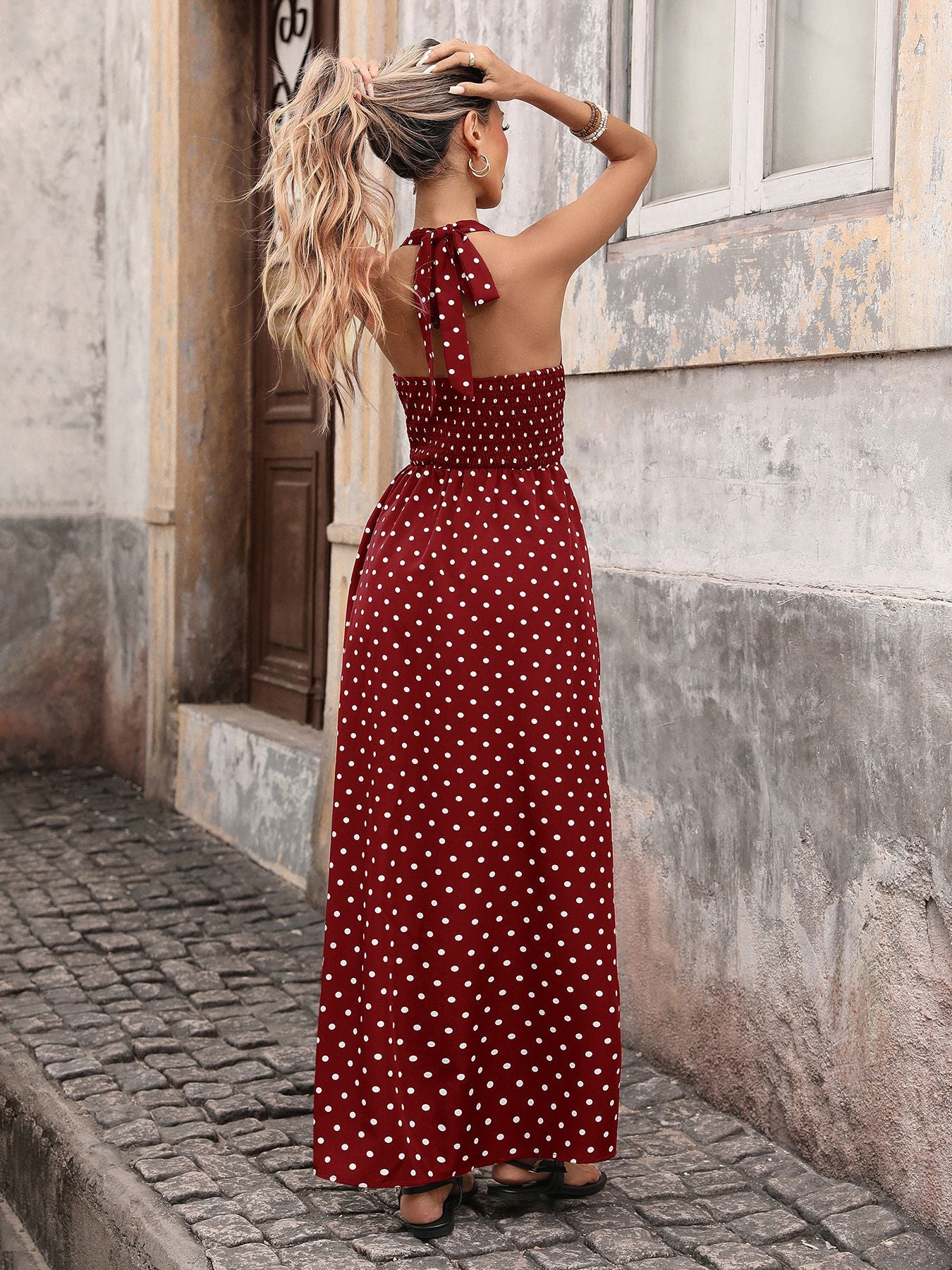 Black Polka Dot Halter Deep V Maxi Dress Summer