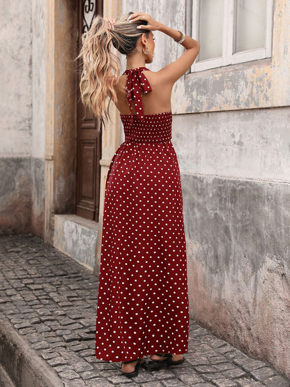 Black Polka Dot Halter Deep V Maxi Dress Summer