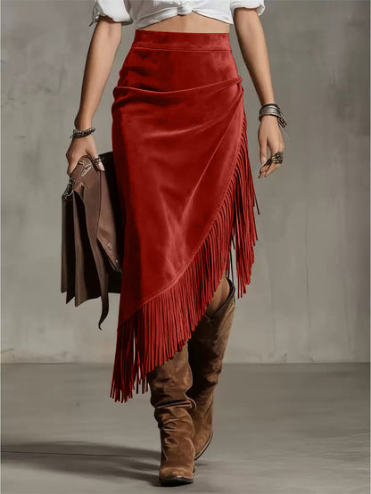 Western Fringe Faux Suede Midi Skirt Asymmetric