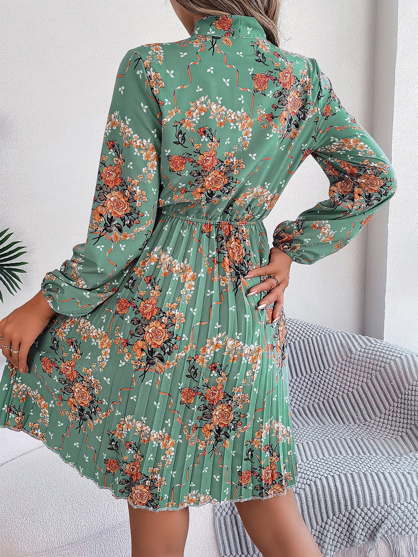 Floral Tie Neck Long Sleeve Pleated Midi Dress