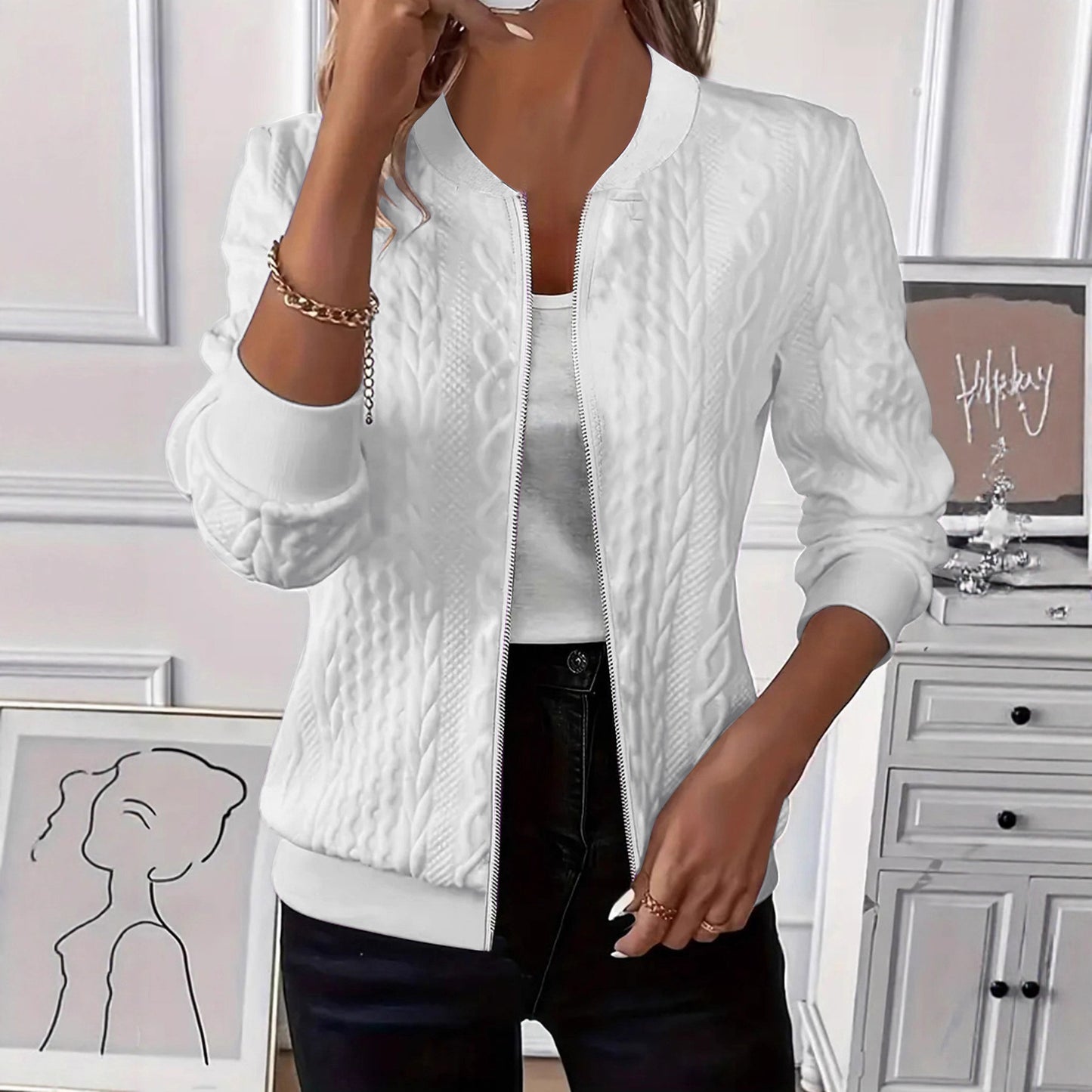Women's Quilted Zip Up Bomber Jacket Long Sleeve