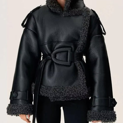 Women's Faux Leather Shearling Belted Moto Jacket