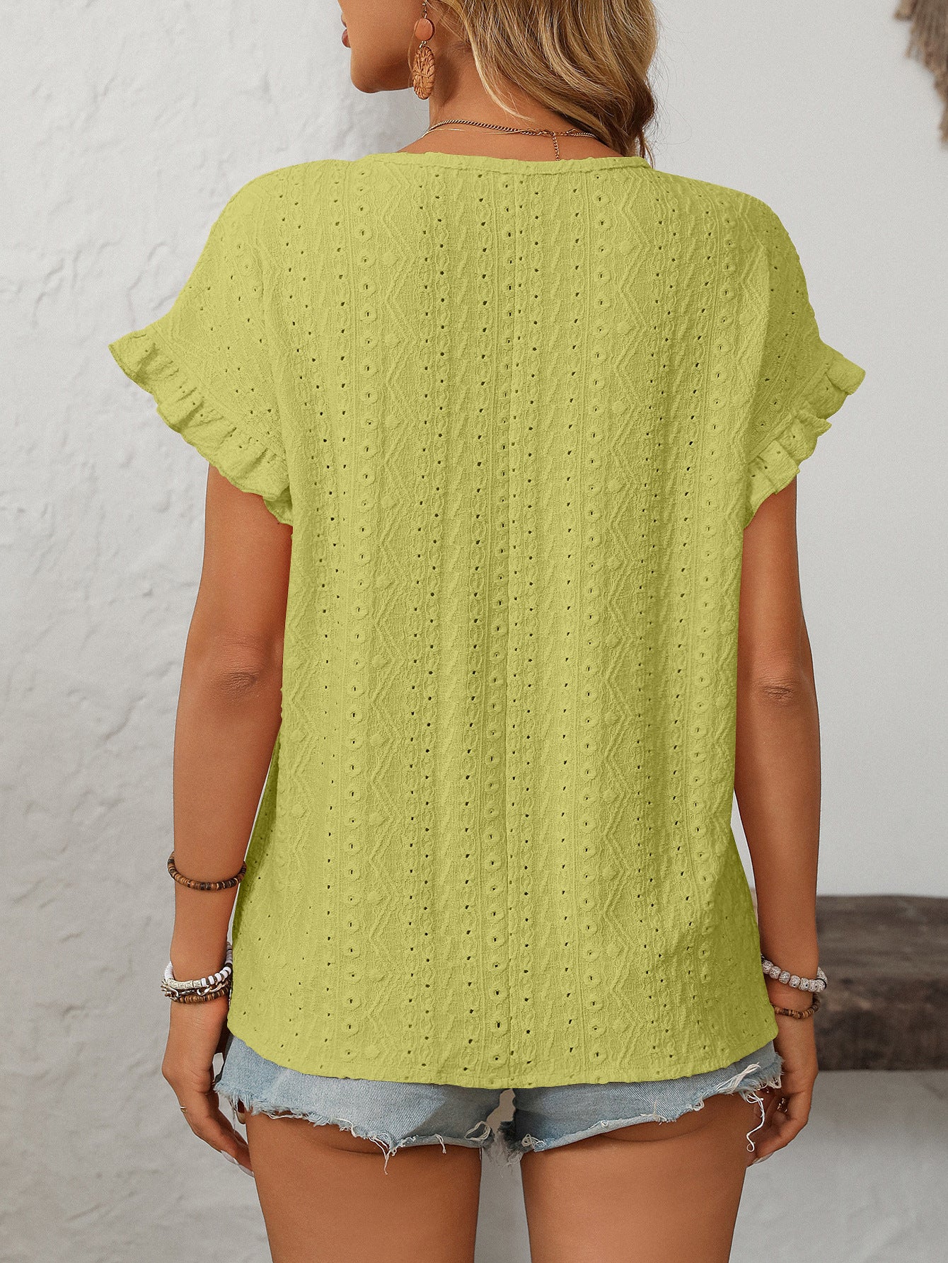 Women’s Eyelet Knit Crewneck Ruffle Sleeve Summer Top