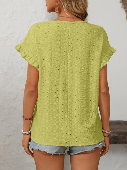 Women’s Eyelet Knit Crewneck Ruffle Sleeve Summer Top
