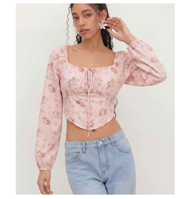 Pink Floral Square Neck Puff Sleeve Tie Front Crop Blouse