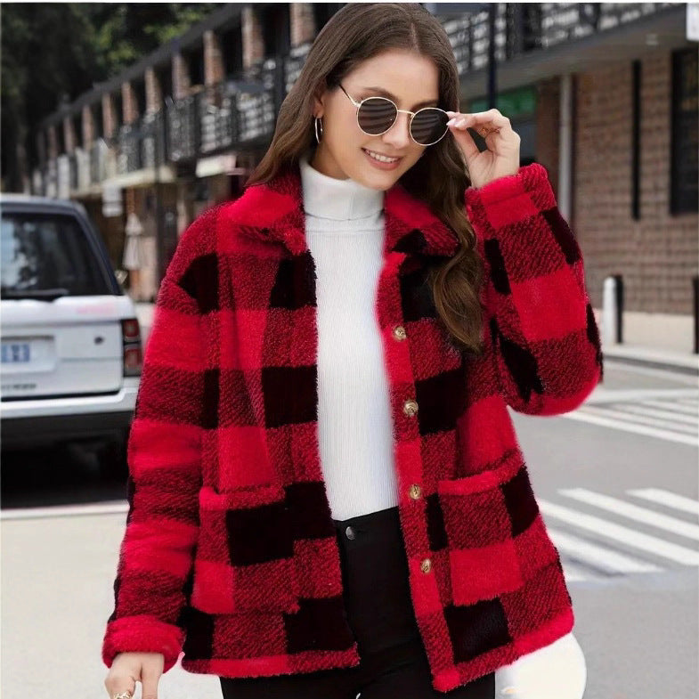 Plaid Teddy Fleece Button Front Sherpa Jacket