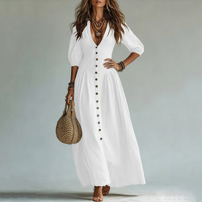 Cotton Button Down Maxi Dress Puff Sleeve V Neck Summer