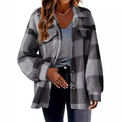 Women's Plaid Sherpa Shacket Fleece Jacket with Pockets
