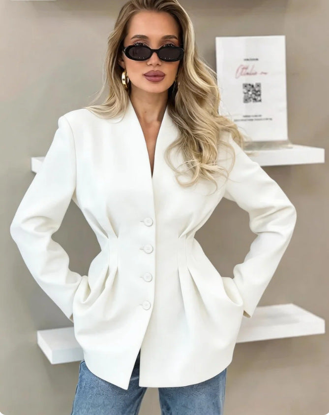 Women's Tailored V-Neck Cinched Waist Blazer Jacket