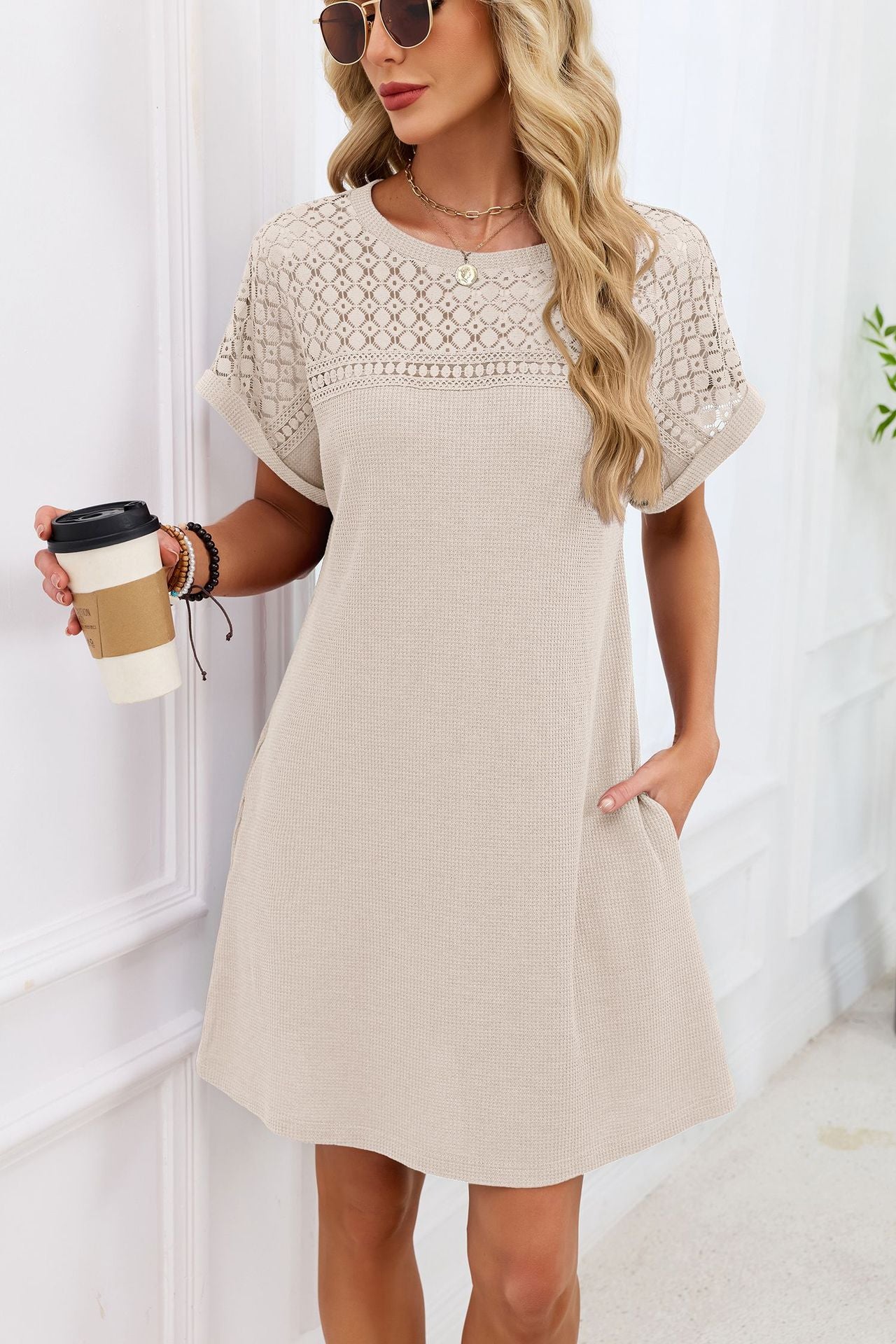 Blue Gray Yoke Loose T Shirt Dress Crew Neck