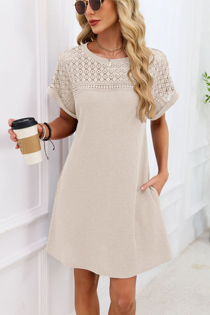Blue Gray Yoke Loose T Shirt Dress Crew Neck