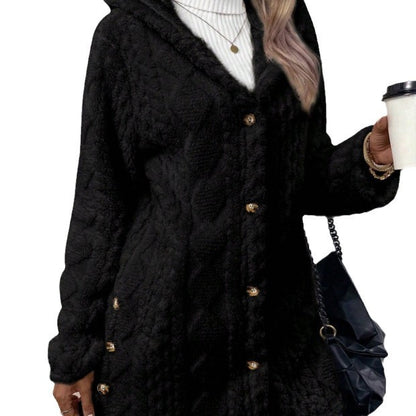 Women's Fuzzy Hooded Button Cardigan Winter Warm Coat