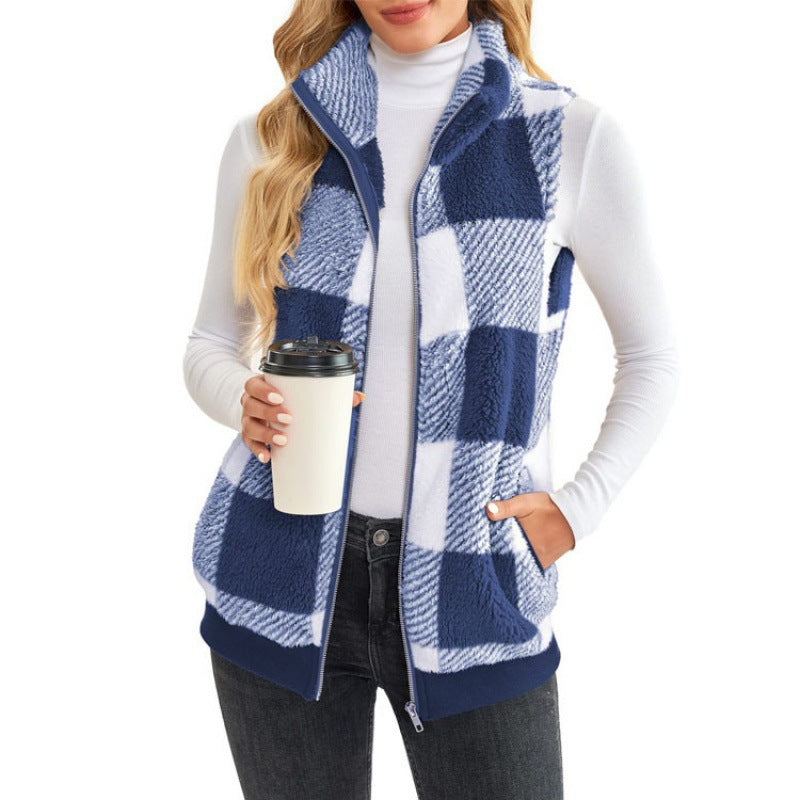 Womens Buffalo Plaid Sherpa Vest Zip Up Fleece Stand Collar