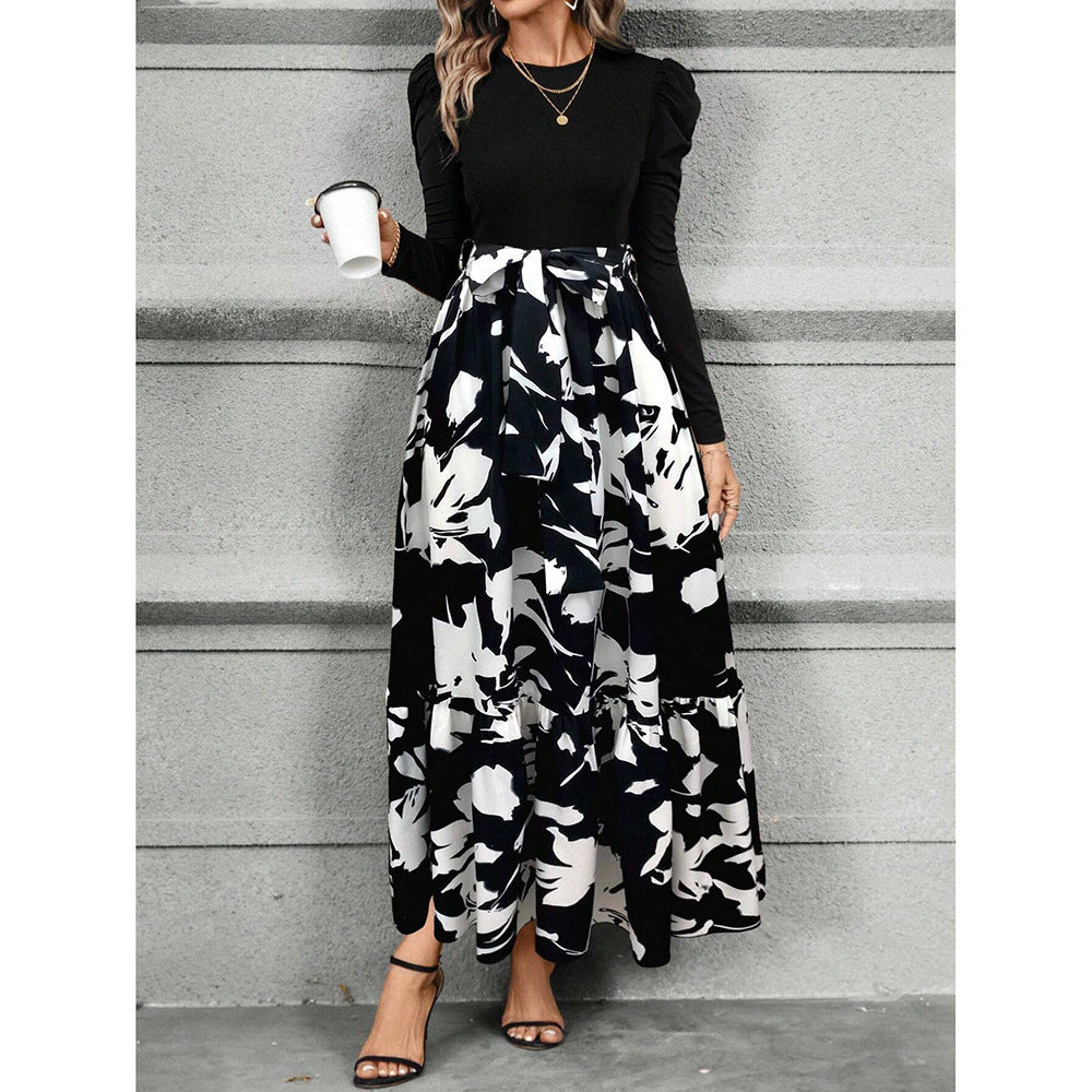 Women's Floral Tiered Maxi Dress Long Sleeve Belted Casual
