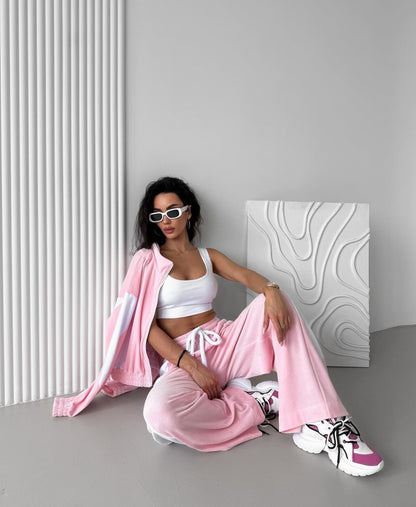 Velvet Tracksuit Color Block Zip Jacket Pants Set