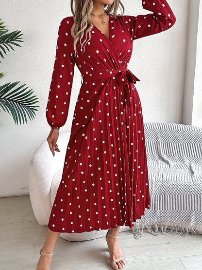 Elegant Polka Dot Cross-Over V-Neck Pleated Midi Dress