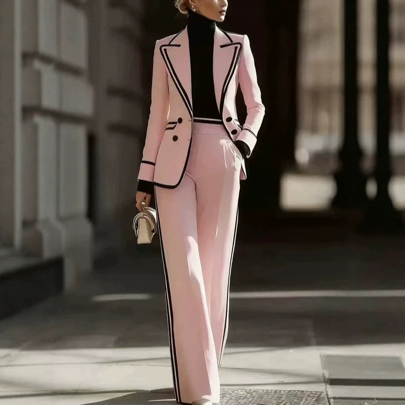 Women's Contrast Trim Blazer Wide Leg Pants Set