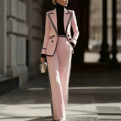Women's Contrast Trim Blazer Wide Leg Pants Set