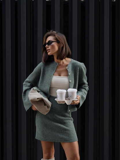 Women's Elegant Knit Cardigan Mini Skirt Two Piece Set