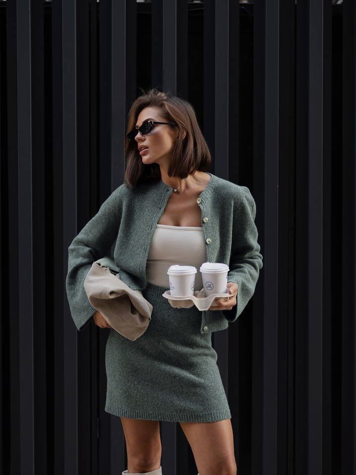 Womens Knit Cardigan Mini Skirt Two Piece Matching Set