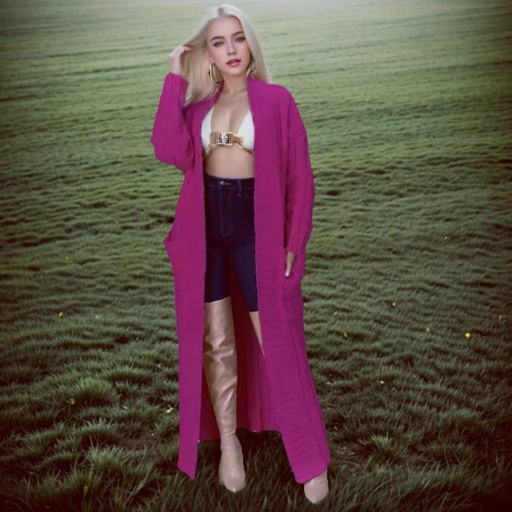 Long Cable Knit Open Front Cardigan with Pockets