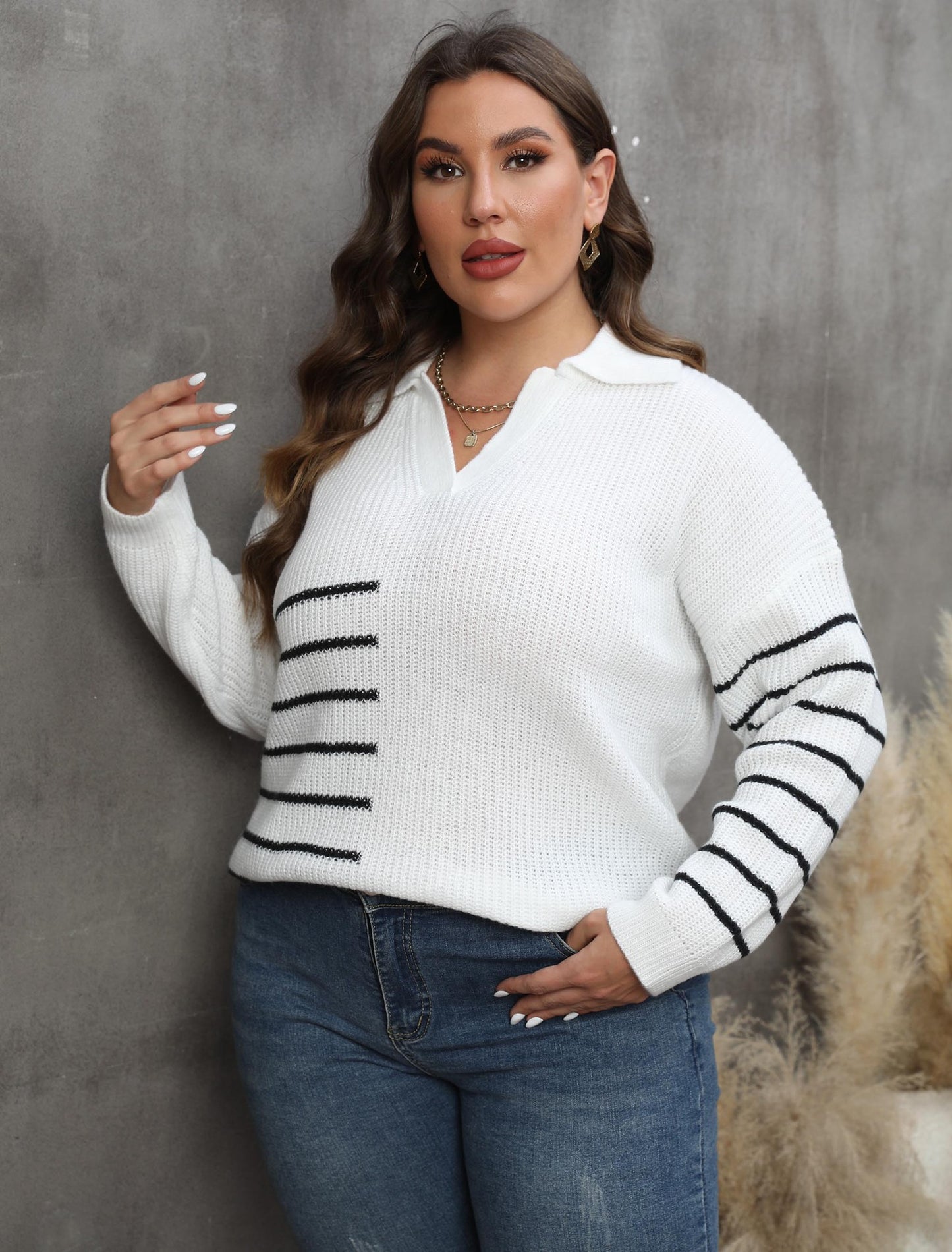 Women's Contrasting Splicing Striped POLO Neck Pullover Sweater