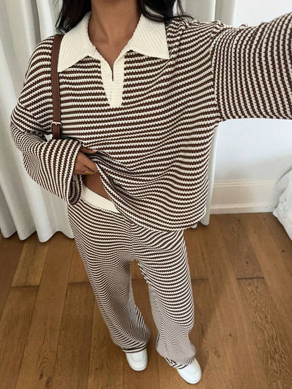 Striped Collared Knit Lounge Set Wide Leg Pants Set