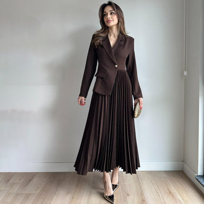 Women's 2 Piece Blazer Pleated Maxi Skirt Set Long Sleeve