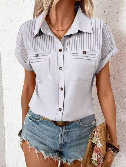 Pleated Shoulder Button Down Shirt with Pockets