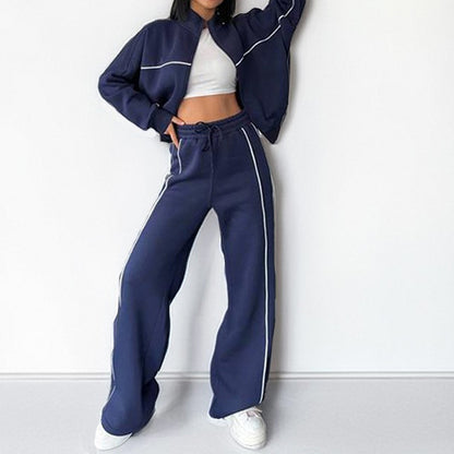 Women's Striped 2 Piece Tracksuit Zip Jacket Wide Leg Pants