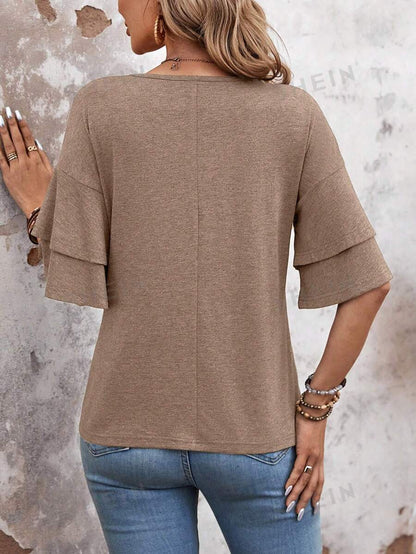 Customizable  Women's V-Neck Flutter Sleeve Top – Casual Summer T-Shirt