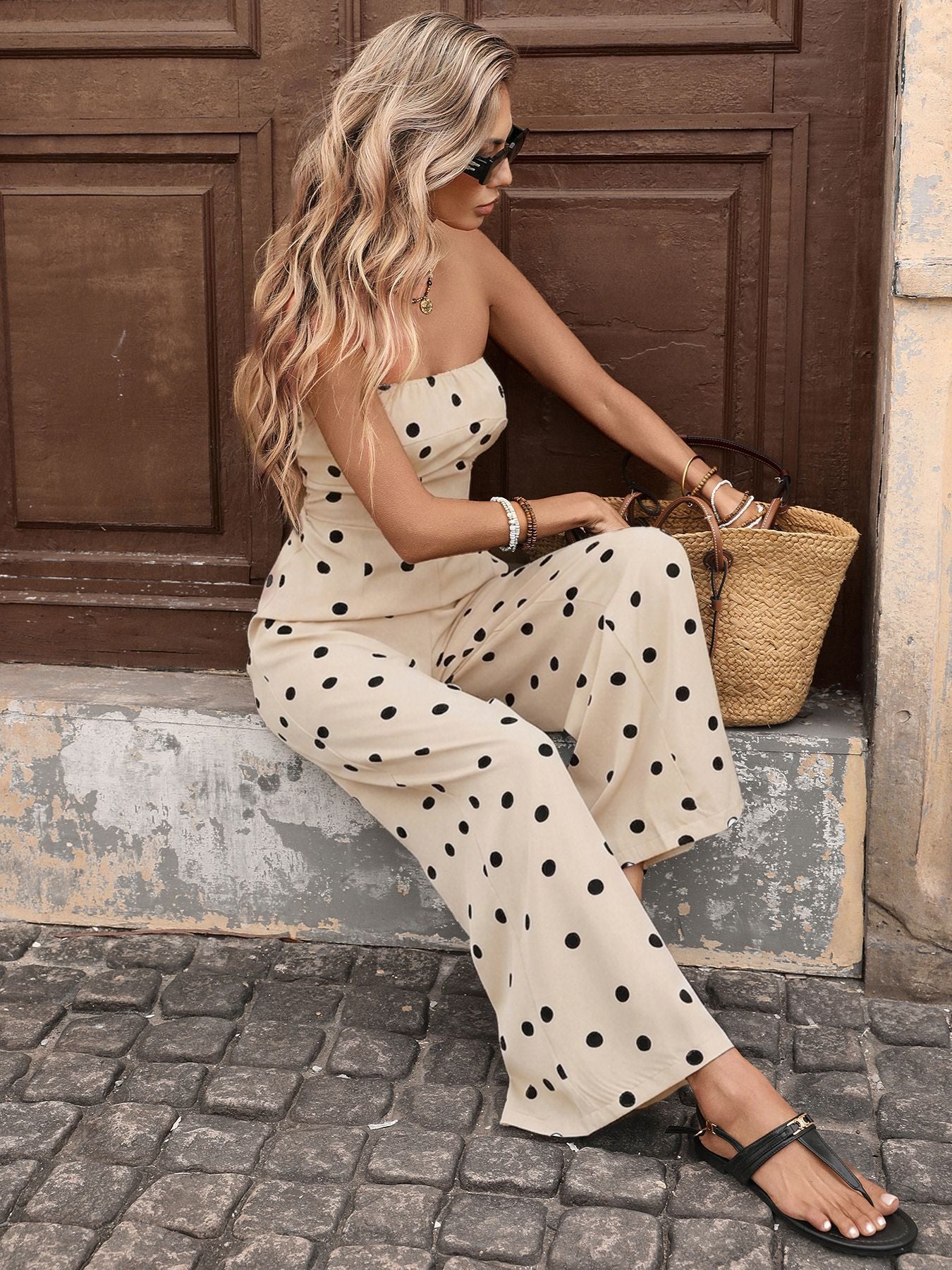Women’s Polka Dot Strapless Wide Leg Jumpsuit