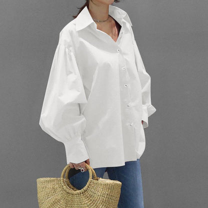 Women's Oversized Balloon Sleeve Collared Button-Up Blouse
