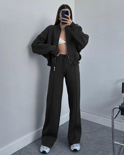 Women's Oversized Zip Up Hoodie Wide Leg Pants Set