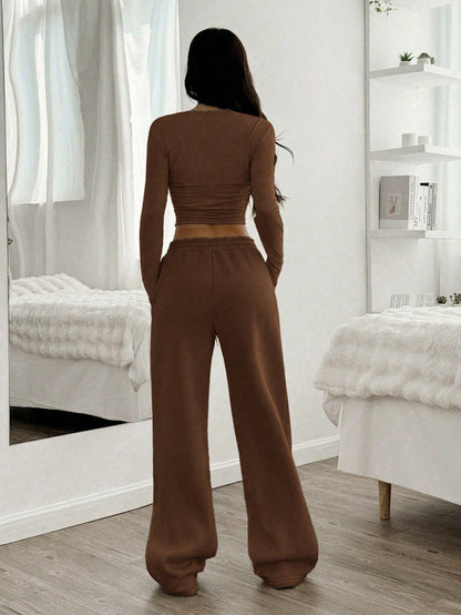 Women's Sexy Crop Top Wide Leg Pants Two Piece Set